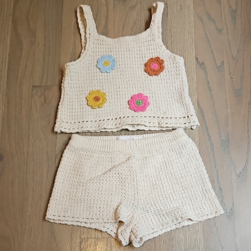 Crochet Tank Top and Shorts Set with Floral Accents